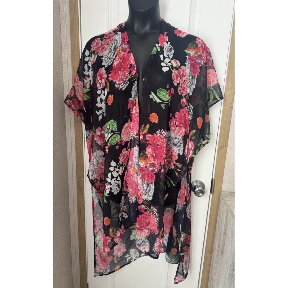 Women's Floral Sheer Kimono Cardigan Open Front Cover Up Boho Duster Black
